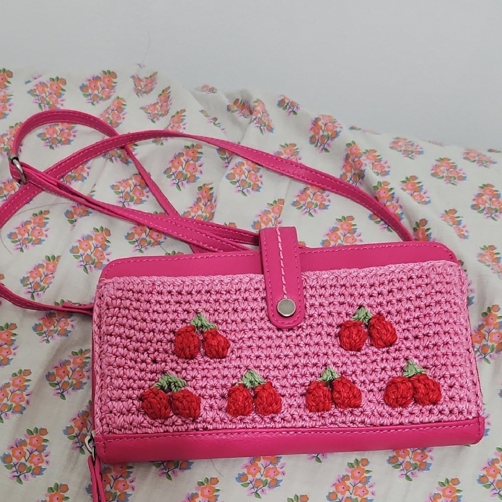 Pink Crochet Cherry Crossbody Bag